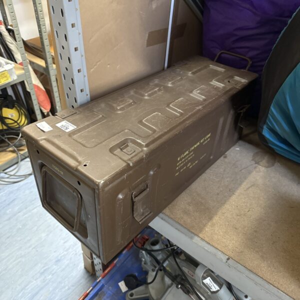 Large military ammo box with metal construction and carrying handle.