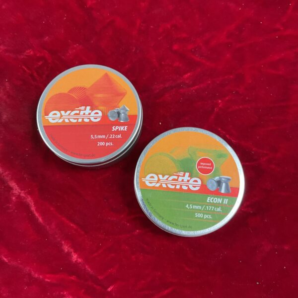 Exciter airgun pellets tin, .22 caliber, vintage shooting supplies.