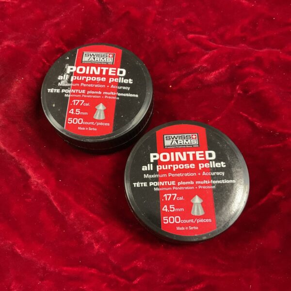 Swiss Arms .177 caliber airgun pellets in a tub.