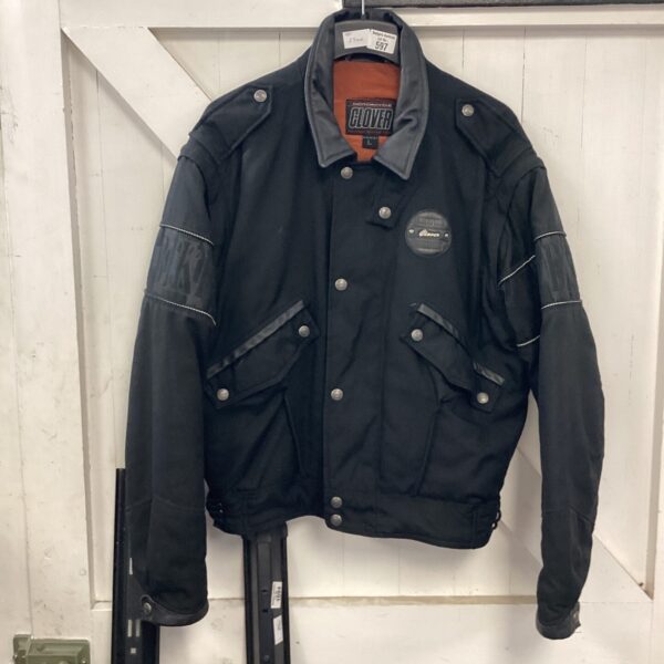 Large Clover motorcycle jacket, vintage biker style riding gear.