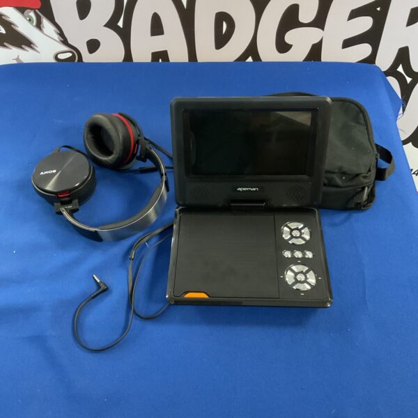 Apeman portable DVD player with included Sony headphones for travel.