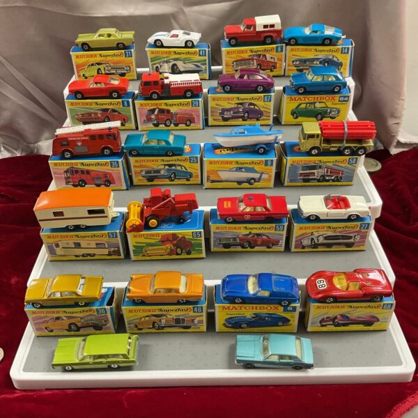 Vintage Matchbox Superfast diecast cars in a boxed collection.