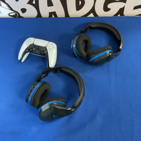 PlayStation controller and two Turtle Beach gaming headsets in a bundle.