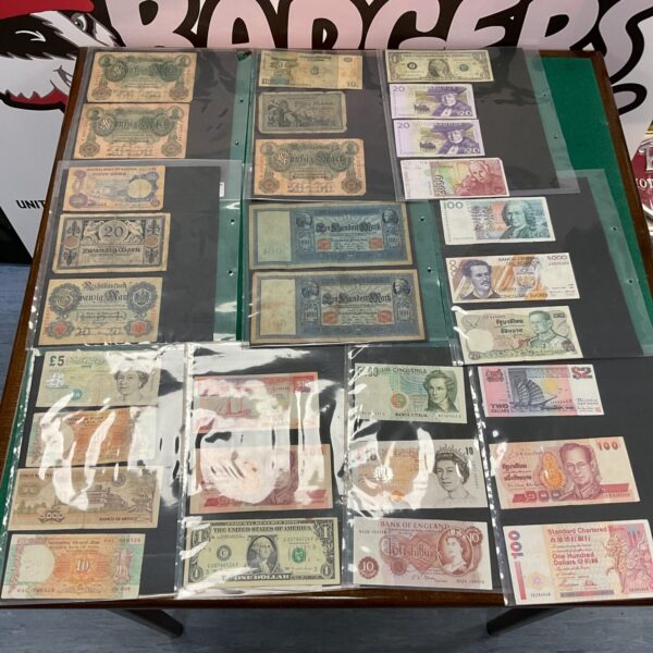 Assorted world banknotes displayed in protective sleeves.