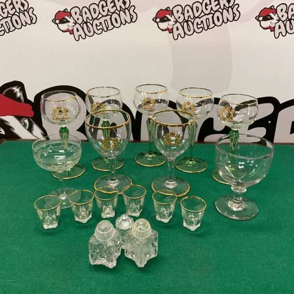 Group of vintage Coronation glasses from 1953, celebrating Queen Elizabeth II.