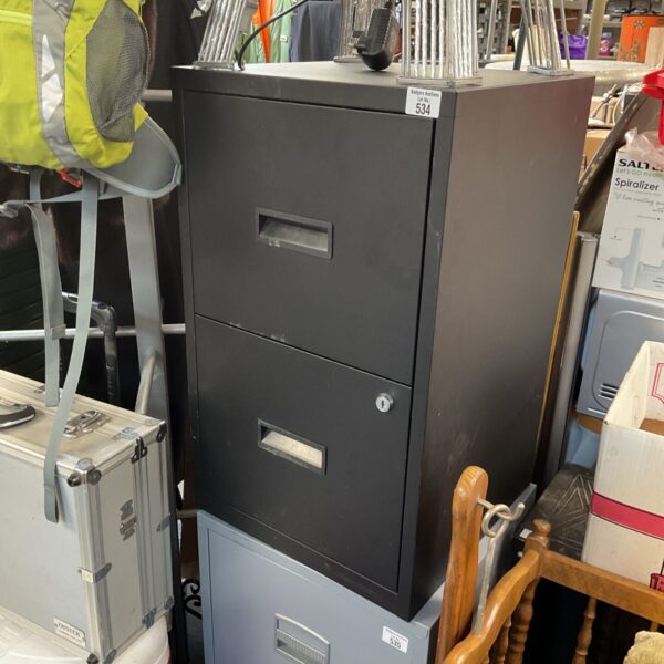 Black metal two-drawer filing cabinet for office storage.