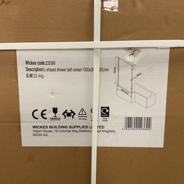 Wickes l shaped shower bath screen 1500x800x150mm