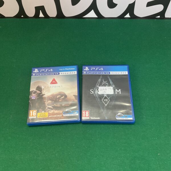 PS4 games lot featuring Skyrim and Farpoint titles.