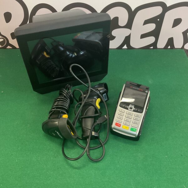 Verifone VX520 POS system bundle with barcode scanner.
