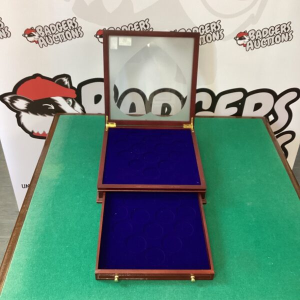 Vintage wooden coin and medal display case with two trays.