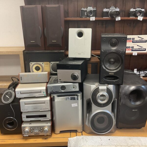 Vintage speakers lot including Sony, Technics, and Hitachi models.
