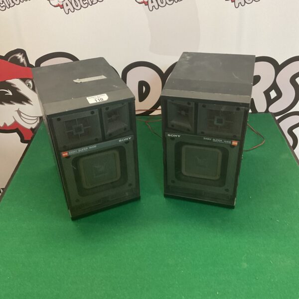 Vintage Sony 3 way speakers in a pair, side view.
