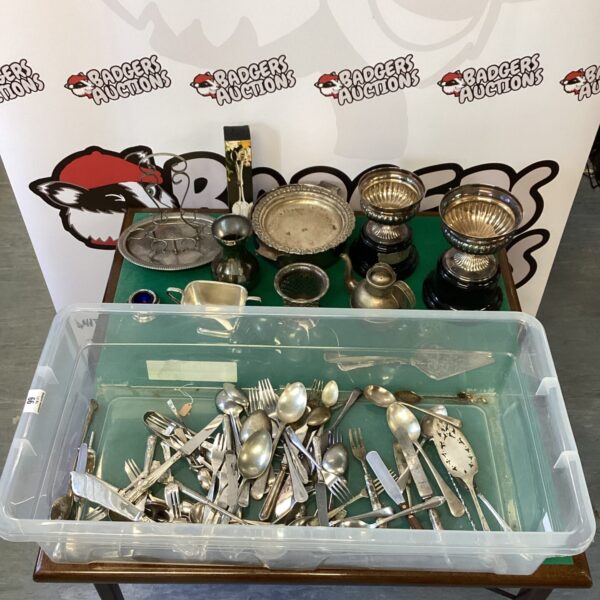 Large lot of vintage silverplate trophies and tableware items.