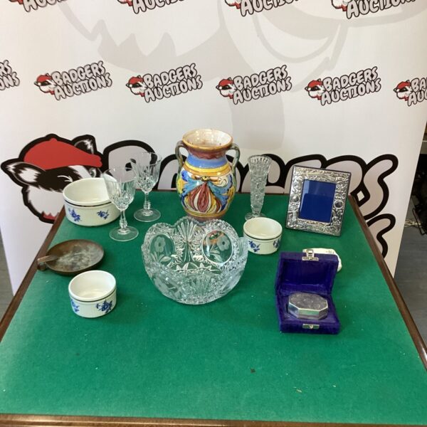 Mixed lot of vintage collectibles including a hand-painted pottery vase.