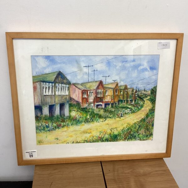 Bill Hester pastel drawing of a quaint village scene.
