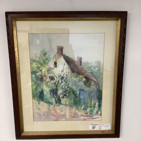 Signed watercolour painting of a quaint cottage landscape.