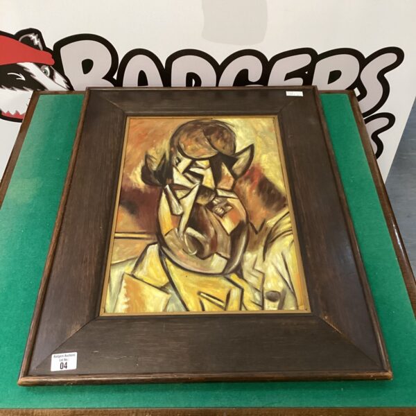 Vintage cubist portrait painting in an oak frame.