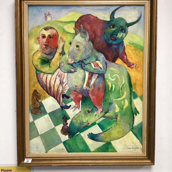 Vintage 20th-century oil painting of mystical figures playing chess.