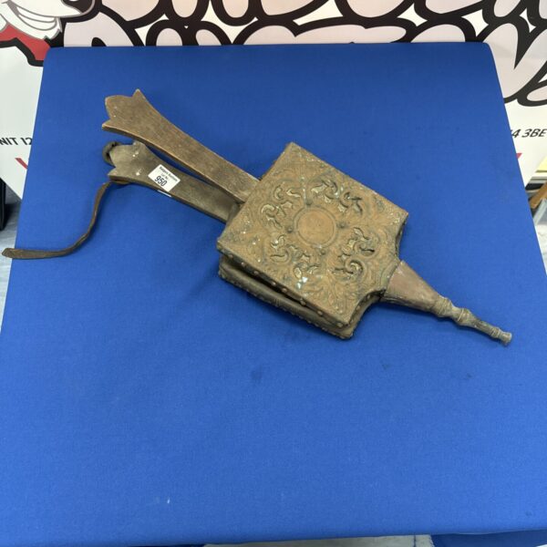 Antique copper lined fireside bellows, vintage fireplace tool.