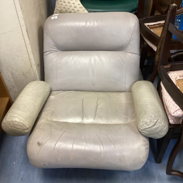 Stylish grey leather club chair with chrome legs.
