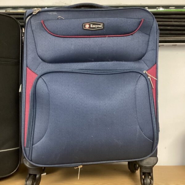 Front view of a blue Ezzyrol rolling suitcase.