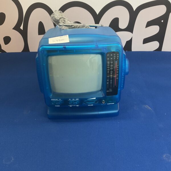 Vintage portable television and radio unit, black and white.