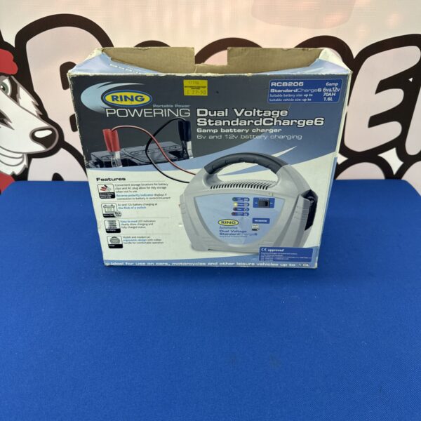 Ring 12v battery charger in original packaging, suitable for cars and motorcycles.