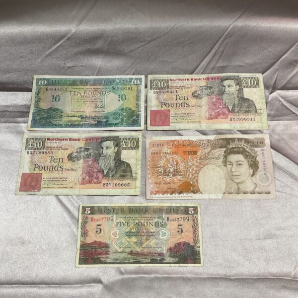 Mixed lot of vintage British and Irish banknotes for collectors.