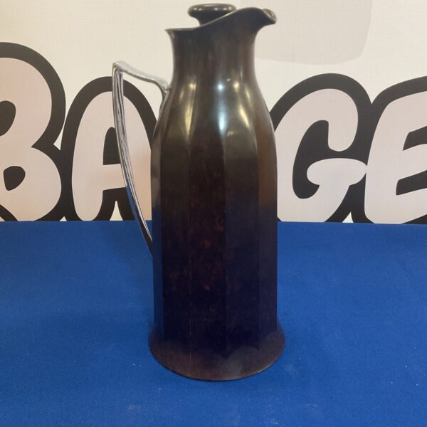 Vintage brown Thermos flask, Art Deco style collectible.