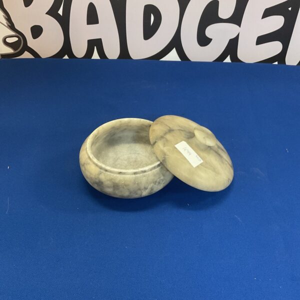 Vintage alabaster lidded pot with a creamy white finish.
