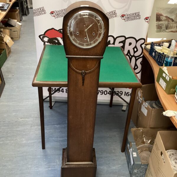 Vintage oak cased Smiths grandmother clock with Westminster chime.