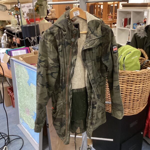 Superdry size medium military style coat with detachable hood.