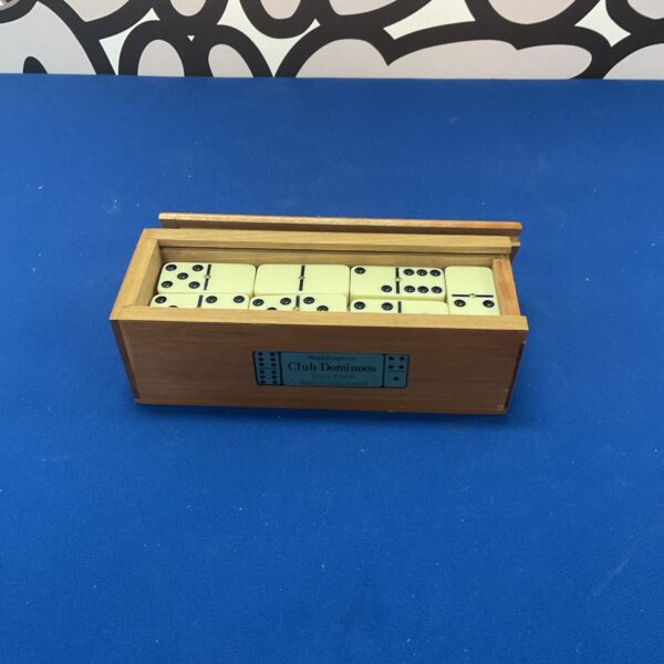 Vintage Waddington’s Club Dominoes in wooden box.