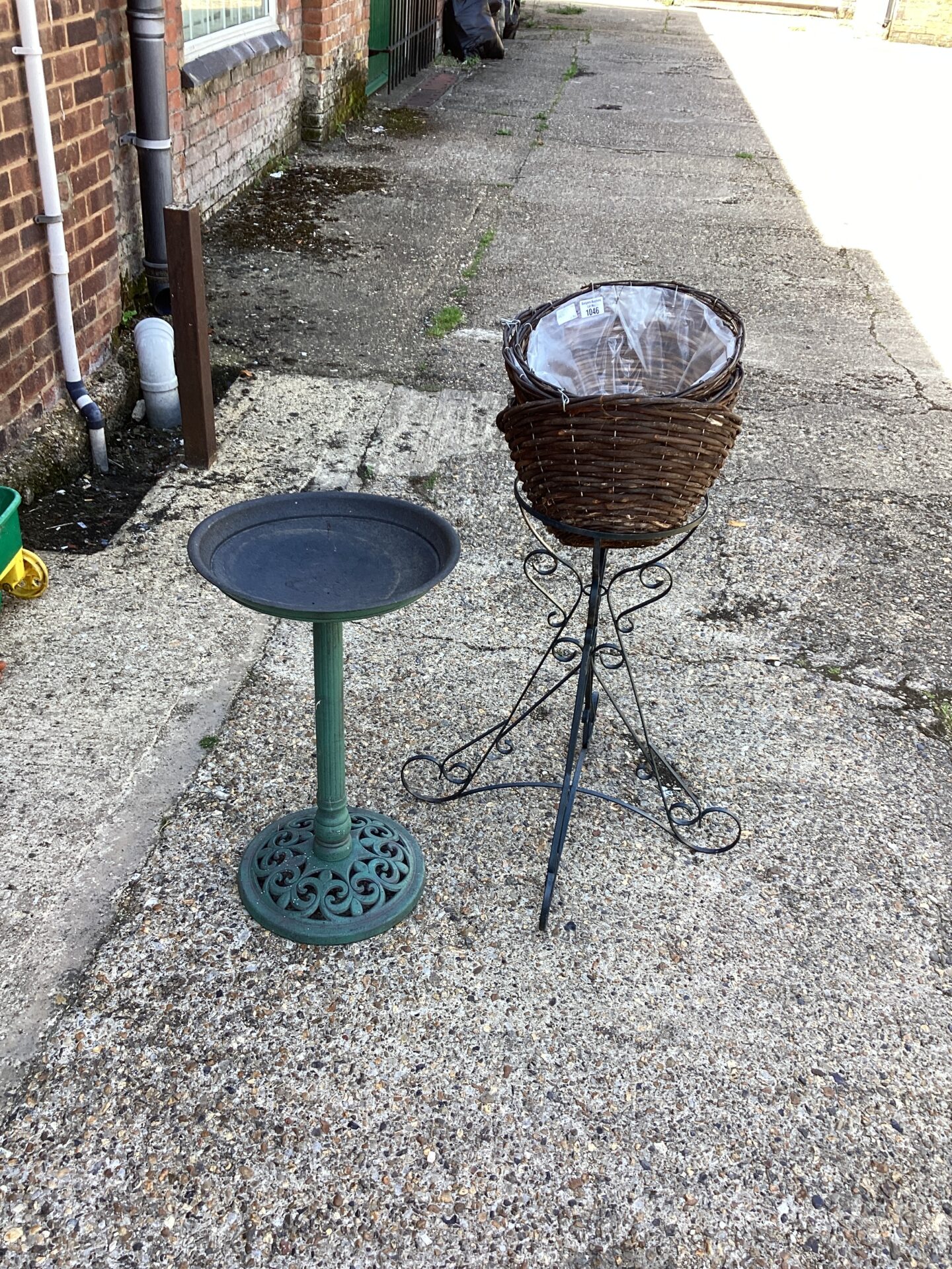 1046 Quantity of Hanging baskets with bird bath and flower stand