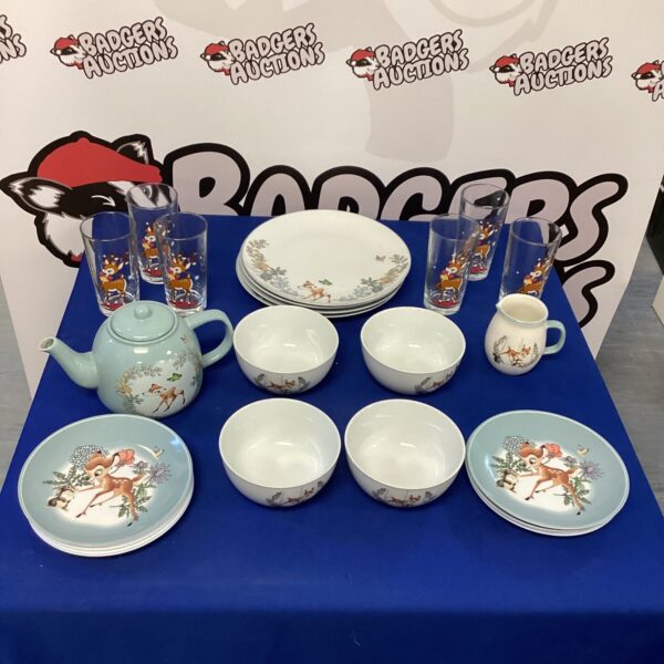 Vintage Disney Bambi pottery set with teapot and bowls.