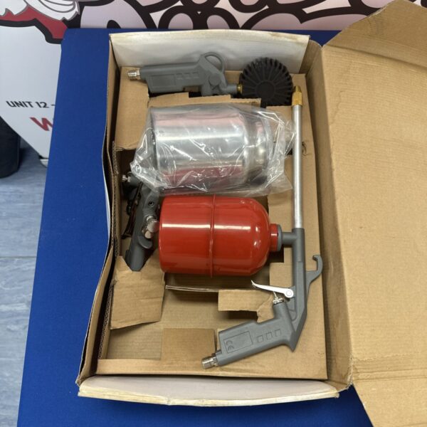 Car paint gun kit with tyre inflator, vintage garage tool.