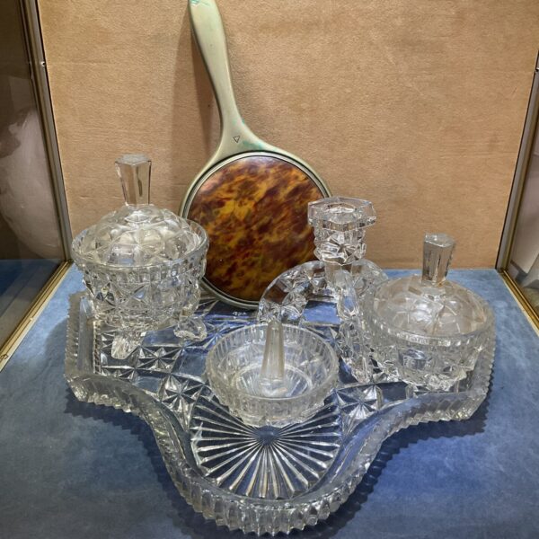 Vintage 1930s dressing table set with tortoise shell mirror.