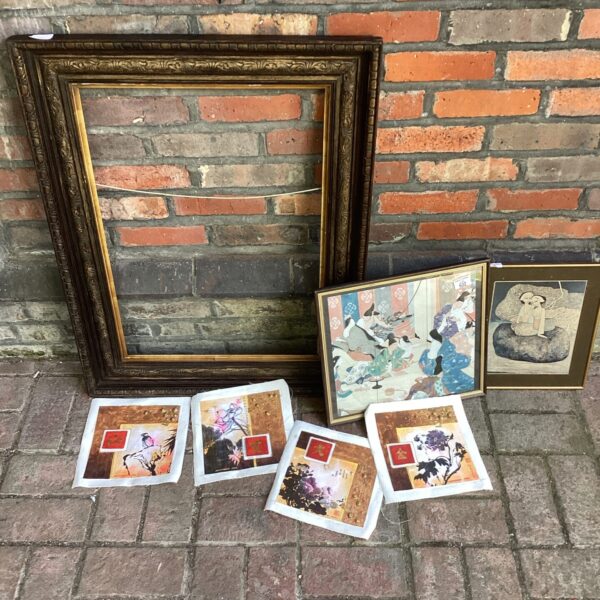 Antique framed artwork collection with six Japanese style prints.