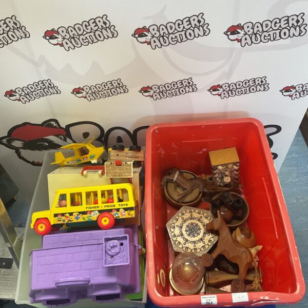 Vintage Fisher Price toys and wooden rocking horse in a lot.