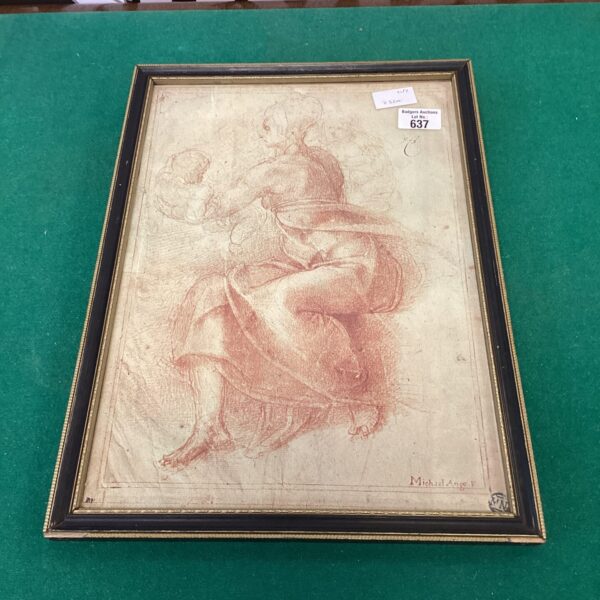 Framed vintage print of mother and baby, classic wall art.