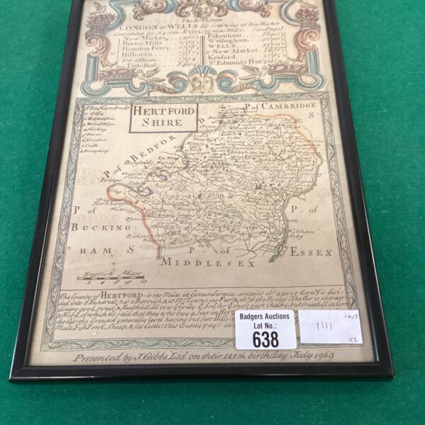 Framed antique map of Hertfordshire, detailed county cartography.