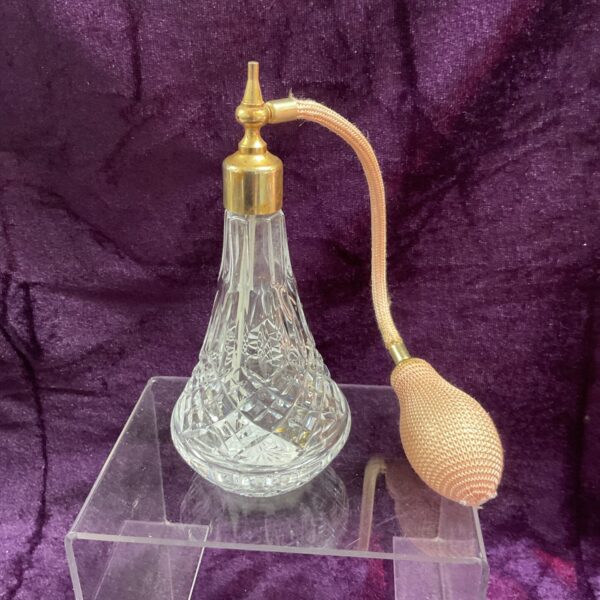 Vintage 6” cut glass atomiser with fabric nozzle.