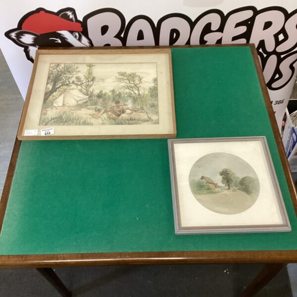 Vintage watercolour painting of a village and camping scene.