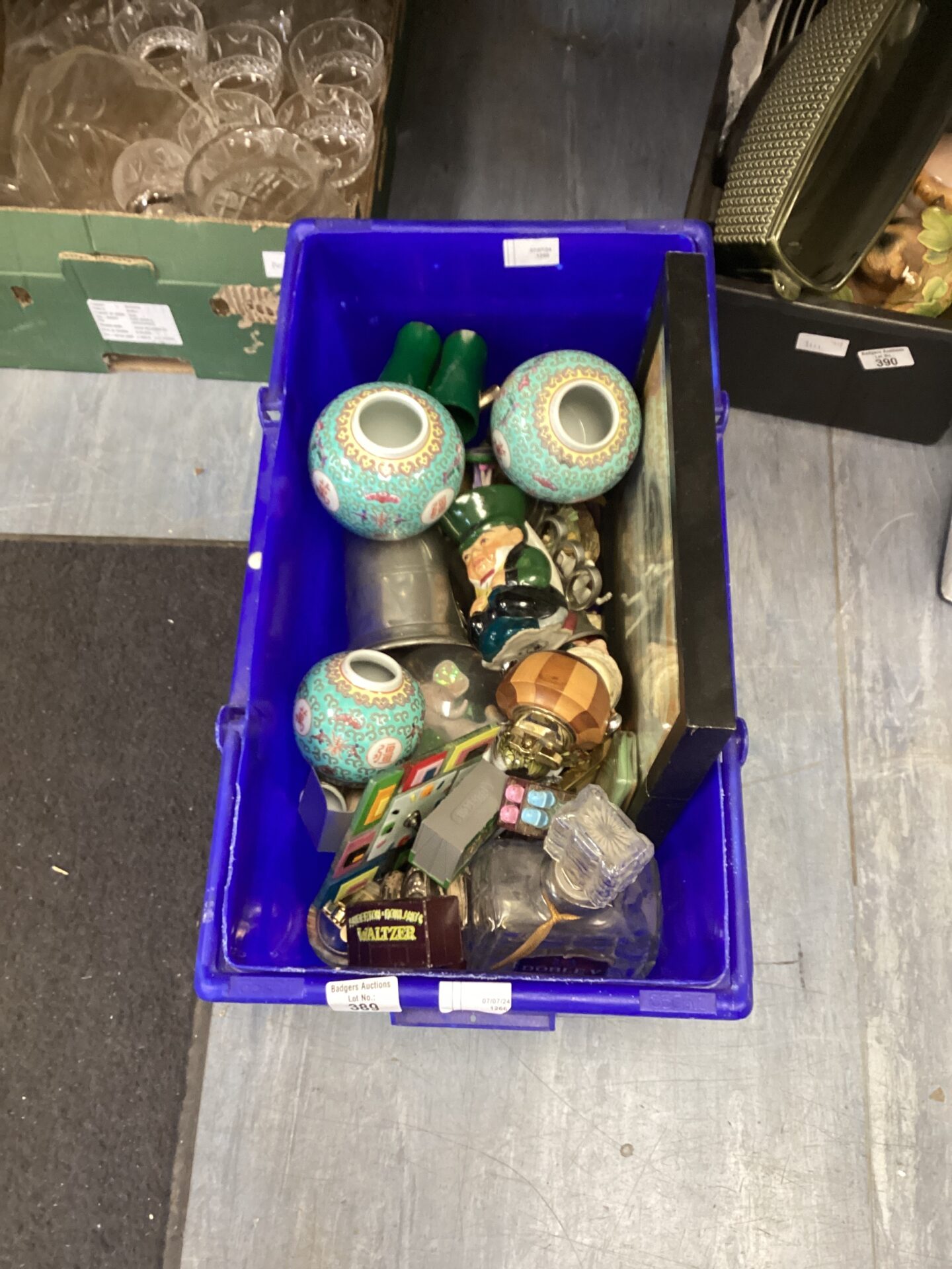 389 Box of mixed items inc Three China Vases