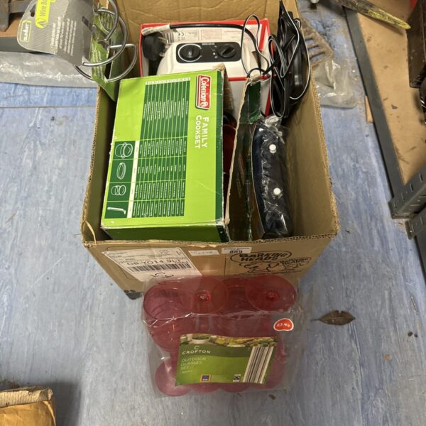 Shed clearance lot featuring a Coleman cooker and tools.