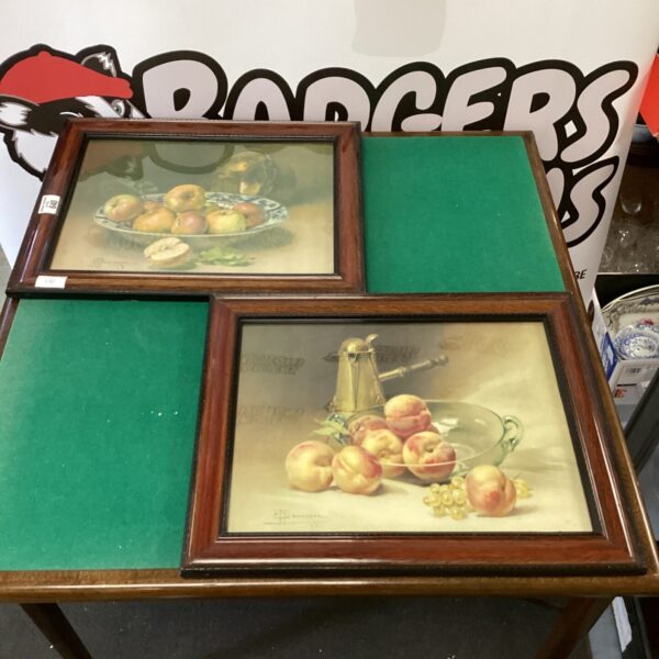 Vintage still life prints depicting a fruit arrangement in a bowl.