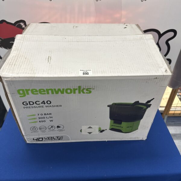 Greenworks GDC40 pressure washer in original packaging, ready for use.