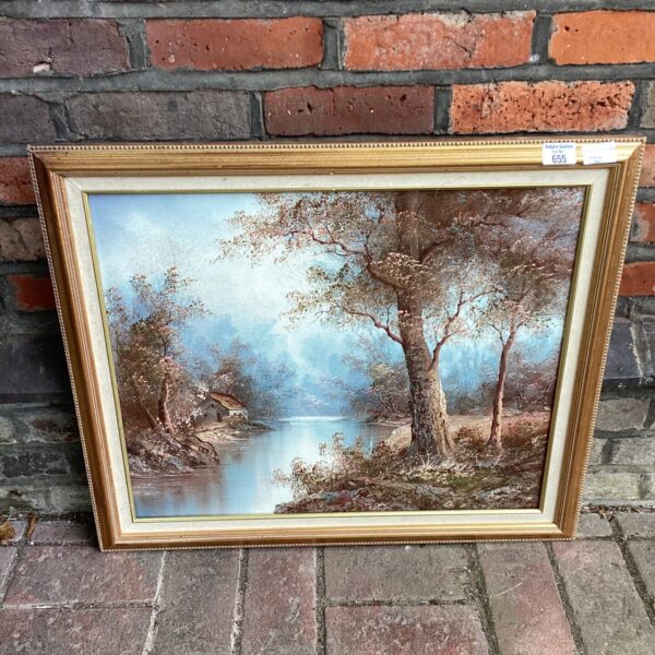Vintage river landscape painting with a house and trees.