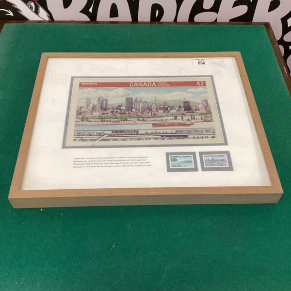 Framed vintage Canadian stamps depicting Montreal’s maritime history.