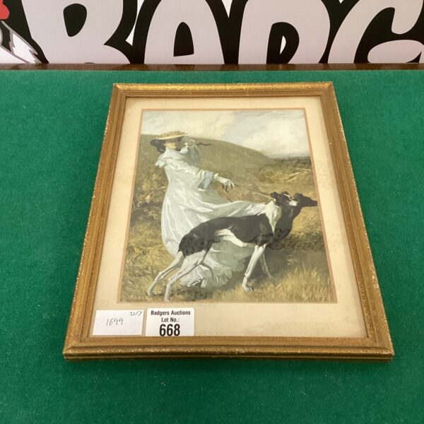Vintage print of a lady with a greyhound in a hunting scene.